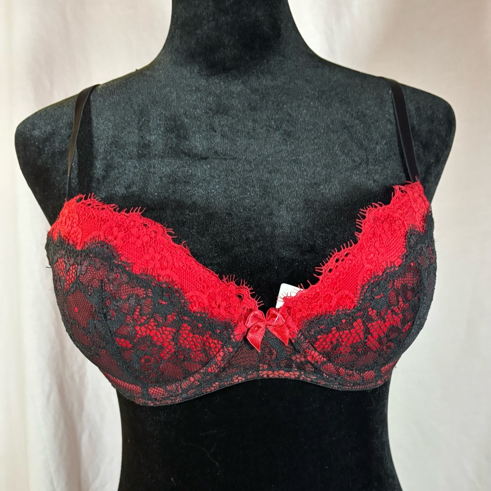 Elegant Lace Trimmed Bra - Red and Black